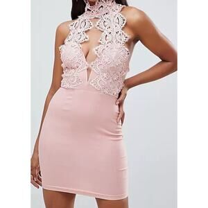 NWT Rare London Women's High Neck Plunge Lace Bodycon Mini Dress Sz XS Pink